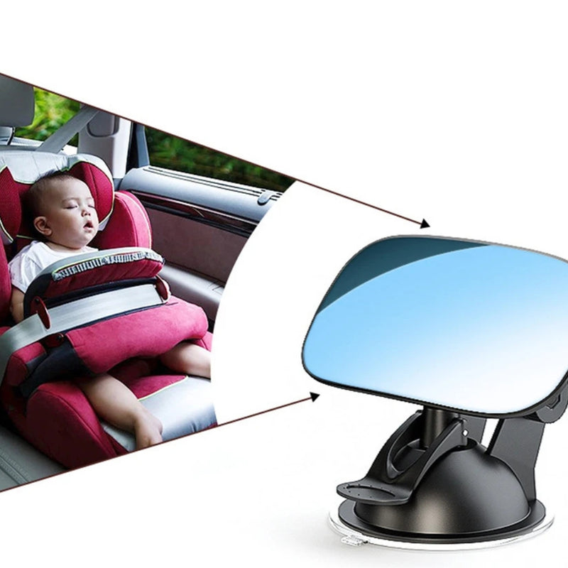 Espelho Retrovisor BabyView™ com base ajustável e visão de bebê dormindo em cadeirinha, ideal para monitoramento em viagens.