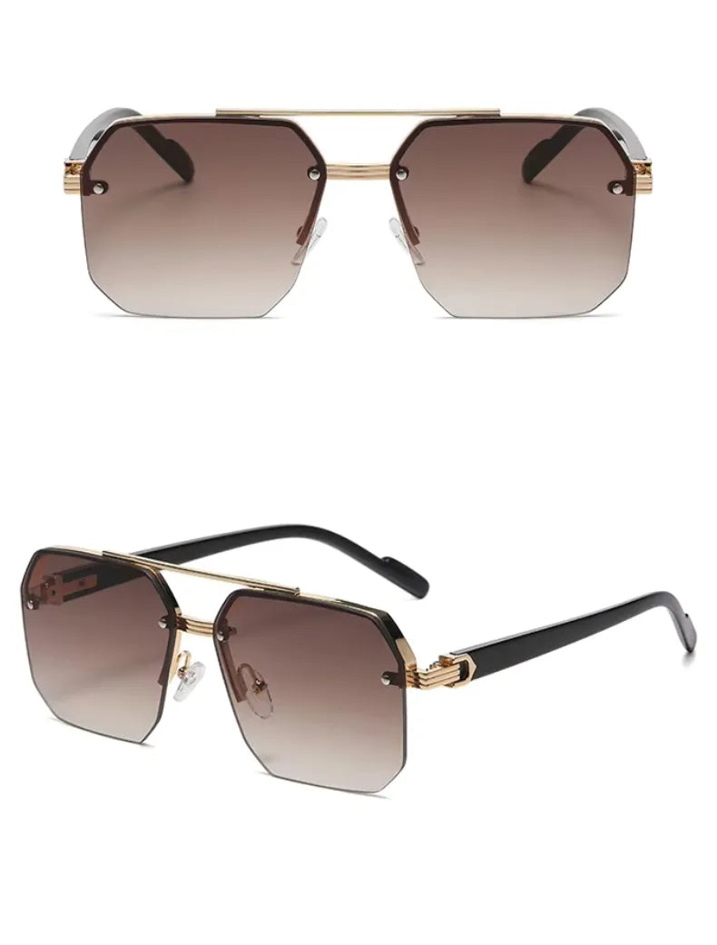 Óculos de Sol Masculino Retro Quadrado – Meia Armação em Metal, Proteção UV400