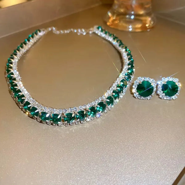 Conjunto Luxuoso de Colar e Brincos com Cristal Verde - FYUAN