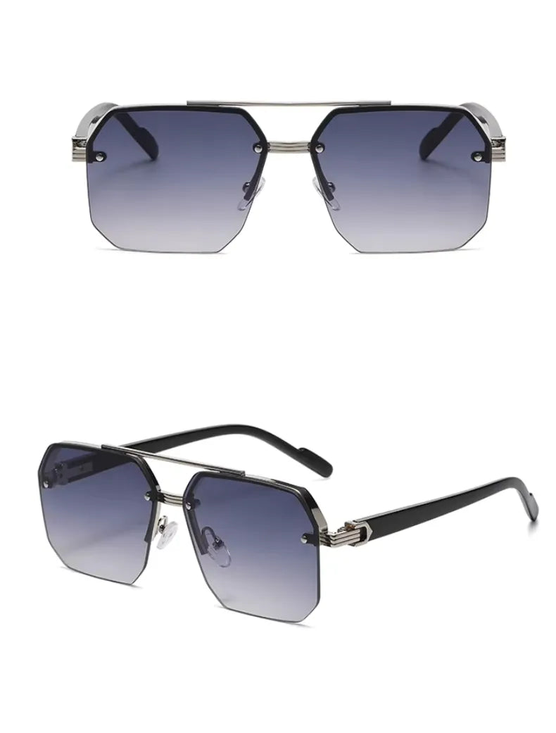 Óculos de Sol Masculino Retro Quadrado – Meia Armação em Metal, Proteção UV400