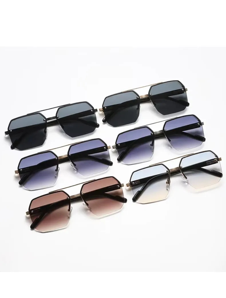 Óculos de Sol Masculino Retro Quadrado – Meia Armação em Metal, Proteção UV400