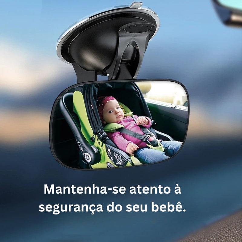 Espelho Retrovisor BabyView™ com visão de bebê em cadeirinha, mensagem destacando segurança infantil ao dirigir.