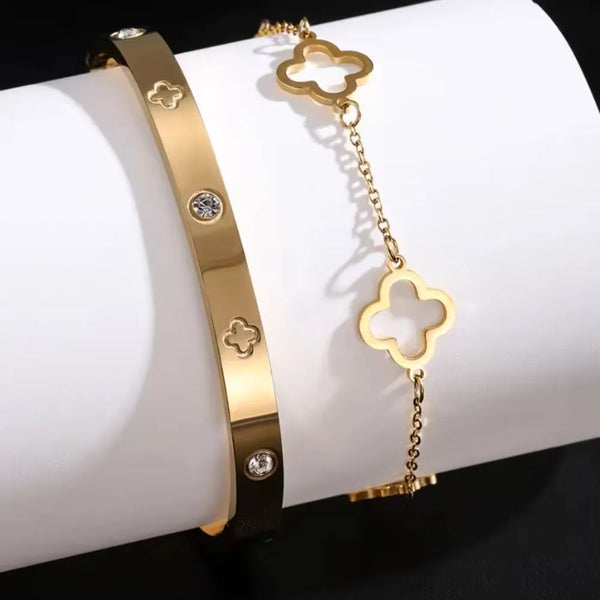 Conjunto de Pulseiras Trevo da Sorte em Aço Inoxidável - CHARMÉ