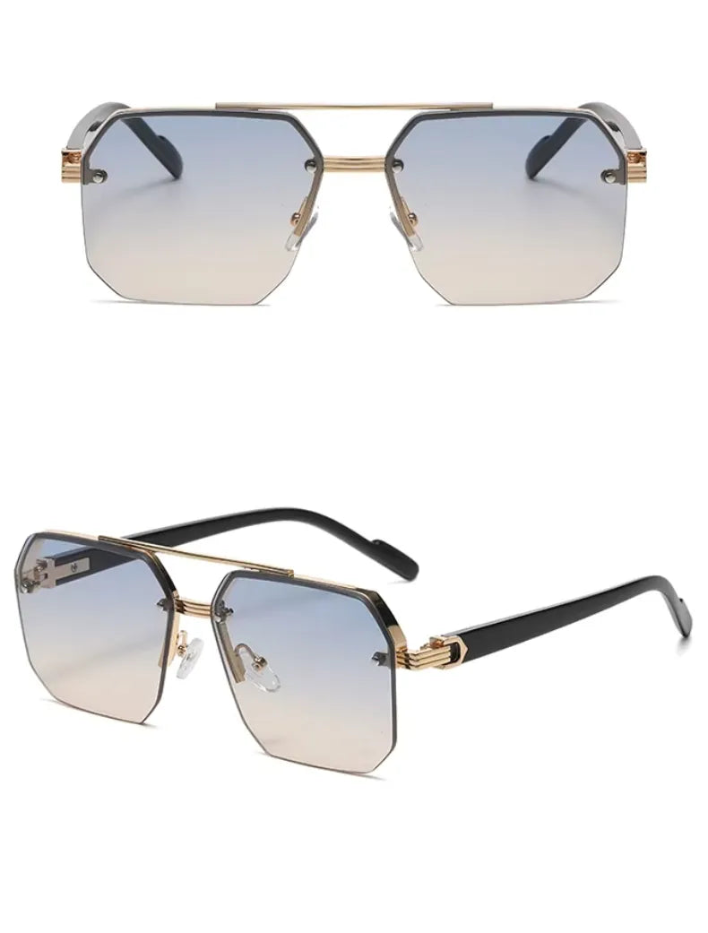 Óculos de Sol Masculino Retro Quadrado – Meia Armação em Metal, Proteção UV400