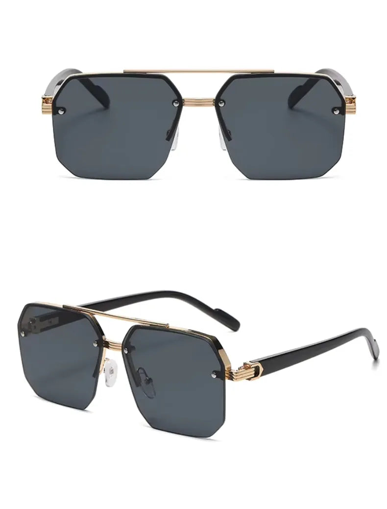 Óculos de Sol Masculino Retro Quadrado – Meia Armação em Metal, Proteção UV400