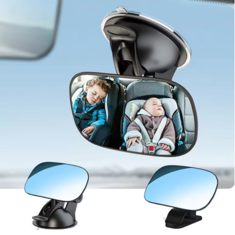 Espelho Retrovisor BabyView™ instalado em carro, mostrando duas crianças em cadeirinhas, ideal para segurança infantil.